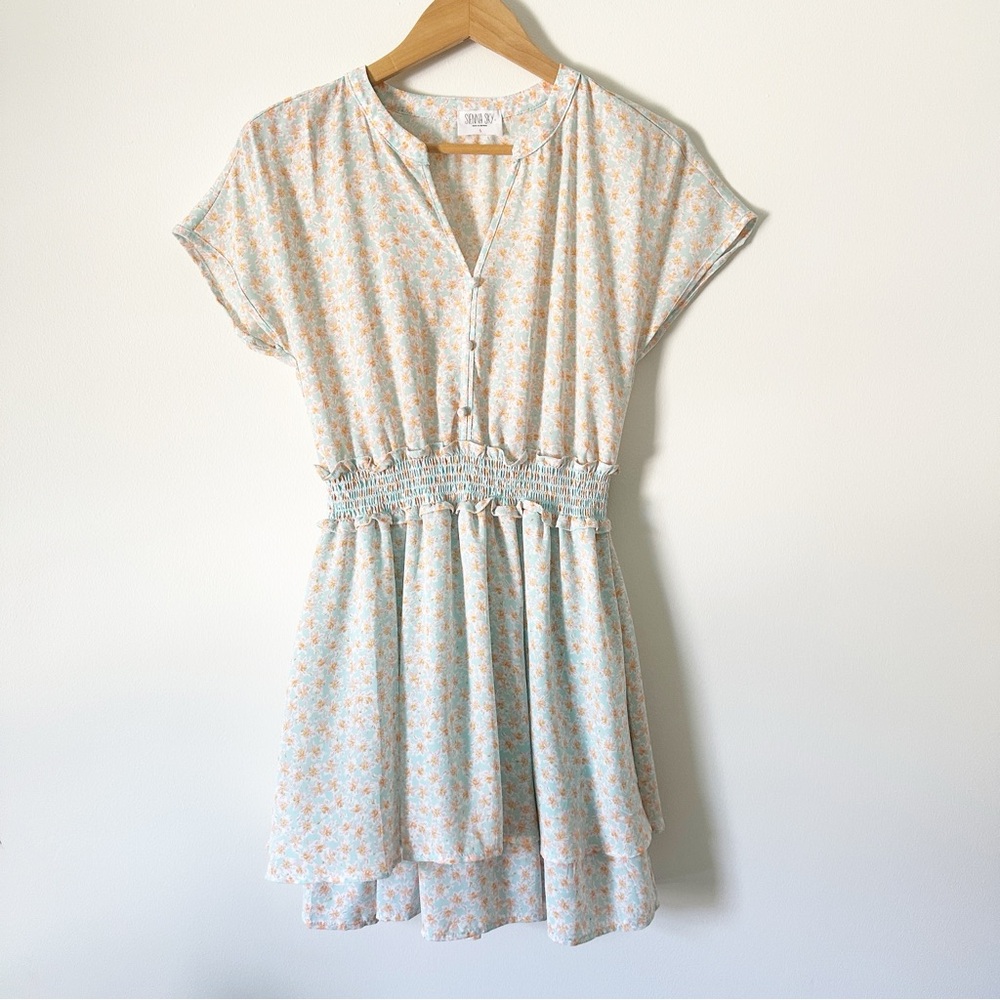 Sienna Sky Blue Floral Smocked Waist Chiffon Mini Dress S - Picture 1 of 8